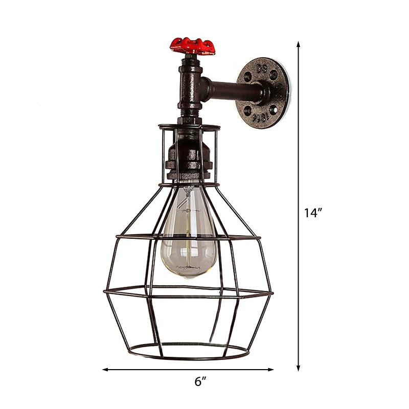 Globe Caged Corridor Wall Light Sconce with Valve Deco Vintage Metal 1 Light Black/Bronze Wall Lamp Clearhalo 'Art deco wall lights' 'Cast Iron' 'Glass' 'Industrial wall lights' 'Industrial' 'Middle century wall lights' 'Modern' 'Rustic wall lights' 'Tiffany' 'Traditional wall lights' 'Wall Lamps & Sconces' 'Wall Lights' Lighting' 145950