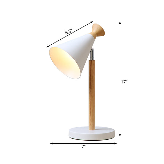 Swivelable Trumpet Shade Table Lighting Nordic Iron 1 Head White Night Stand Light with Wood Stem Clearhalo 'Lamps' 'Table Lamps' Lighting' 1459507