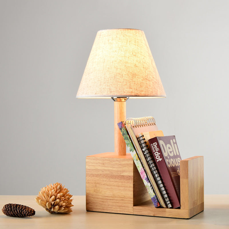 Modern Empire Shade Fabric Table Light 1 Bulb Nightstand Lamp with Bookshelf Design in Beige Clearhalo 'Lamps' 'Table Lamps' Lighting' 1459509