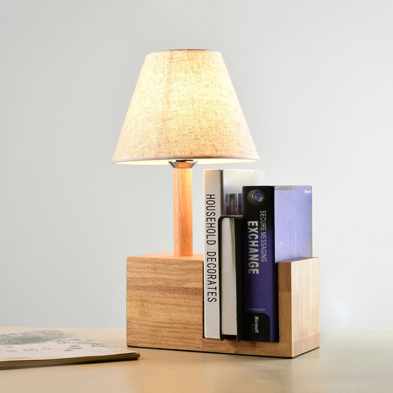 Modern Empire Shade Fabric Table Light 1 Bulb Nightstand Lamp with Bookshelf Design in Beige Clearhalo 'Lamps' 'Table Lamps' Lighting' 1459510
