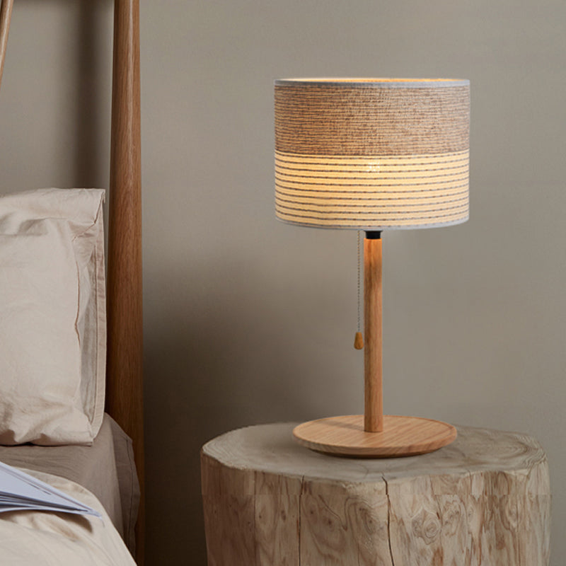 Barrel Shade Pull Chain Table Lamp Modern Striped Fabric Single Bedside Night Light with Wood Stand Clearhalo 'Lamps' 'Table Lamps' Lighting' 1459514