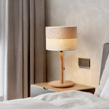 Barrel Shade Pull Chain Table Lamp Modern Striped Fabric Single Bedside Night Light with Wood Stand Clearhalo 'Lamps' 'Table Lamps' Lighting' 1459515