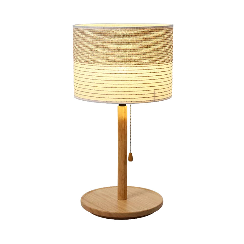 Barrel Shade Pull Chain Table Lamp Modern Striped Fabric Single Bedside Night Light with Wood Stand Clearhalo 'Lamps' 'Table Lamps' Lighting' 1459516