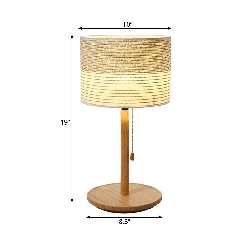 Barrel Shade Pull Chain Table Lamp Modern Striped Fabric Single Bedside Night Light with Wood Stand Clearhalo 'Lamps' 'Table Lamps' Lighting' 1459517