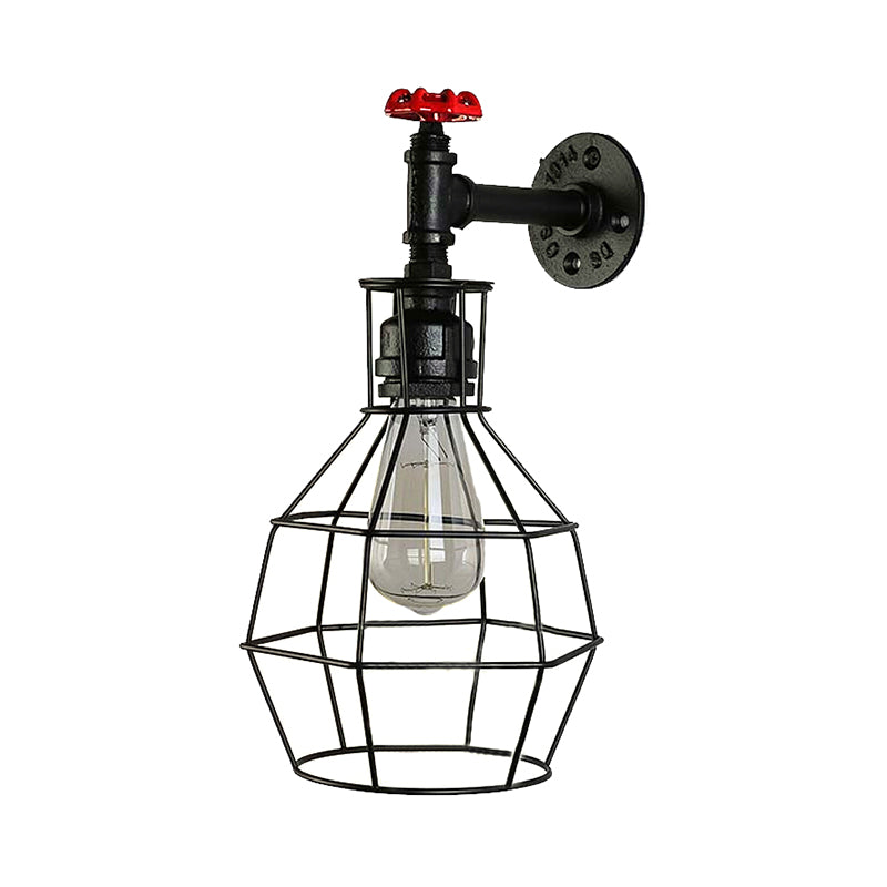 Globe Caged Corridor Wall Light Sconce with Valve Deco Vintage Metal 1 Light Black/Bronze Wall Lamp Clearhalo 'Art deco wall lights' 'Cast Iron' 'Glass' 'Industrial wall lights' 'Industrial' 'Middle century wall lights' 'Modern' 'Rustic wall lights' 'Tiffany' 'Traditional wall lights' 'Wall Lamps & Sconces' 'Wall Lights' Lighting' 145952