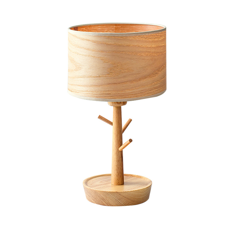 Wood Drum Shade Night Lighting Modern Functional 1-Light Beige Table Light with Hook Design Clearhalo 'Lamps' 'Table Lamps' Lighting' 1459521