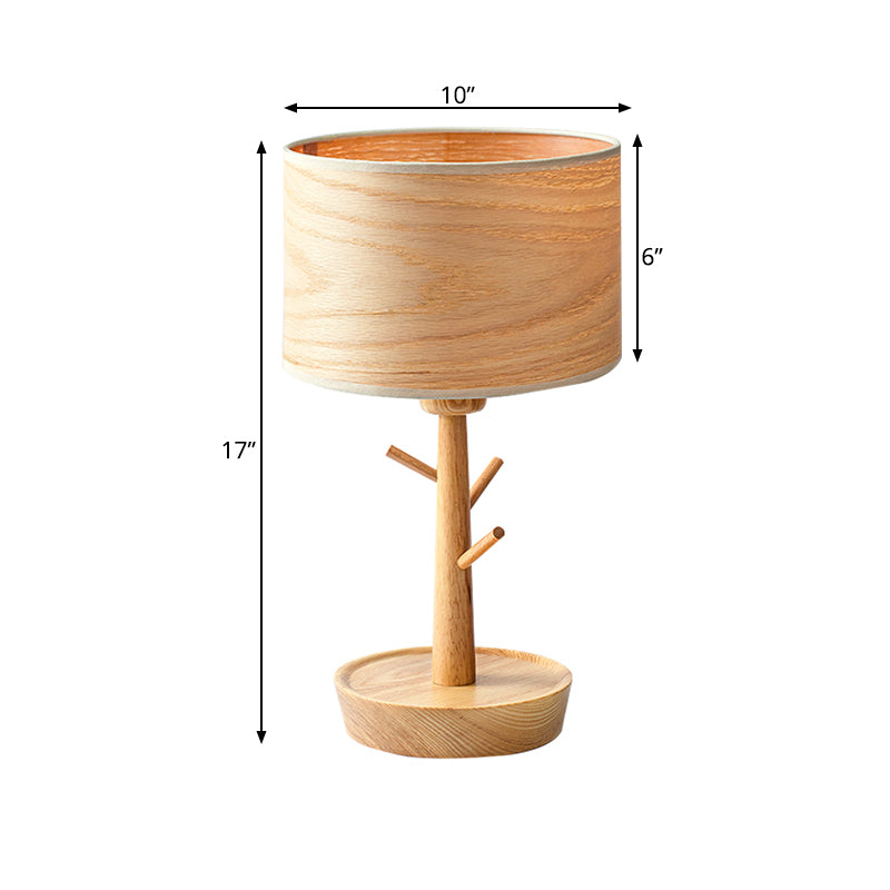Wood Drum Shade Night Lighting Modern Functional 1-Light Beige Table Light with Hook Design Clearhalo 'Lamps' 'Table Lamps' Lighting' 1459522