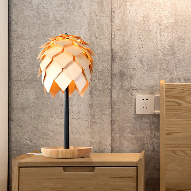 Artichoke Bedroom Table Lamp Wood 1 Bulb Nordic Nightstand Lighting in Beige with Tray Base Clearhalo 'Lamps' 'Table Lamps' Lighting' 1459529