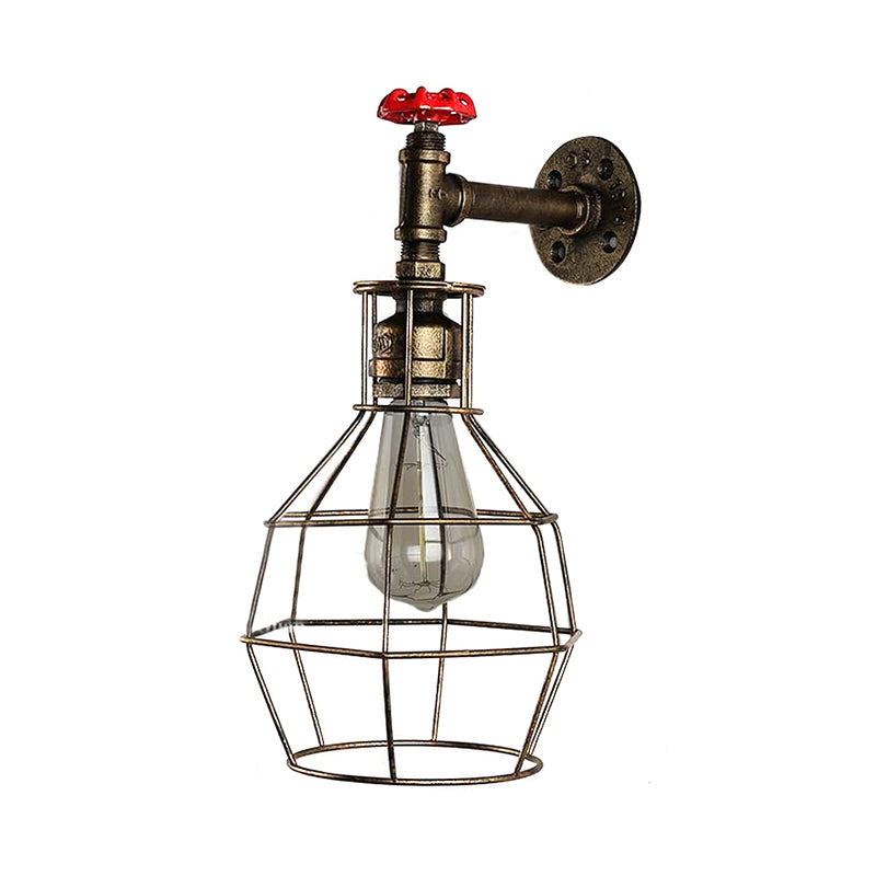 Globe Caged Corridor Wall Light Sconce with Valve Deco Vintage Metal 1 Light Black/Bronze Wall Lamp Clearhalo 'Art deco wall lights' 'Cast Iron' 'Glass' 'Industrial wall lights' 'Industrial' 'Middle century wall lights' 'Modern' 'Rustic wall lights' 'Tiffany' 'Traditional wall lights' 'Wall Lamps & Sconces' 'Wall Lights' Lighting' 145954