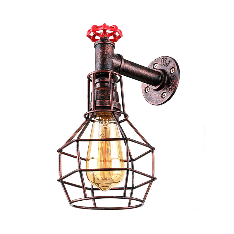 Globe Caged Corridor Wall Light Sconce with Valve Deco Vintage Metal 1 Light Black/Bronze Wall Lamp Clearhalo 'Art deco wall lights' 'Cast Iron' 'Glass' 'Industrial wall lights' 'Industrial' 'Middle century wall lights' 'Modern' 'Rustic wall lights' 'Tiffany' 'Traditional wall lights' 'Wall Lamps & Sconces' 'Wall Lights' Lighting' 145956