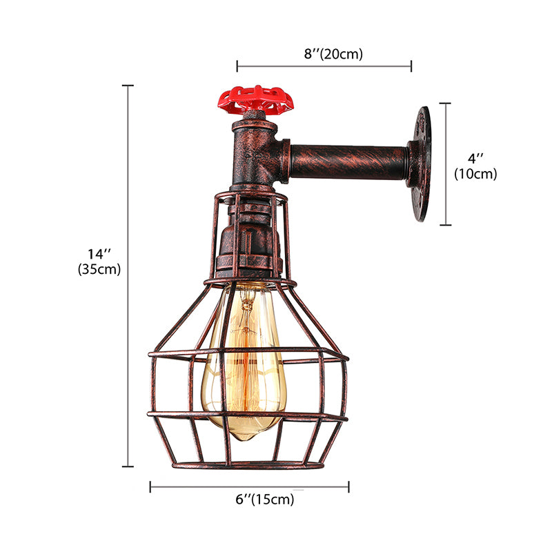 Globe Caged Corridor Wall Light Sconce with Valve Deco Vintage Metal 1 Light Black/Bronze Wall Lamp Clearhalo 'Art deco wall lights' 'Cast Iron' 'Glass' 'Industrial wall lights' 'Industrial' 'Middle century wall lights' 'Modern' 'Rustic wall lights' 'Tiffany' 'Traditional wall lights' 'Wall Lamps & Sconces' 'Wall Lights' Lighting' 145958