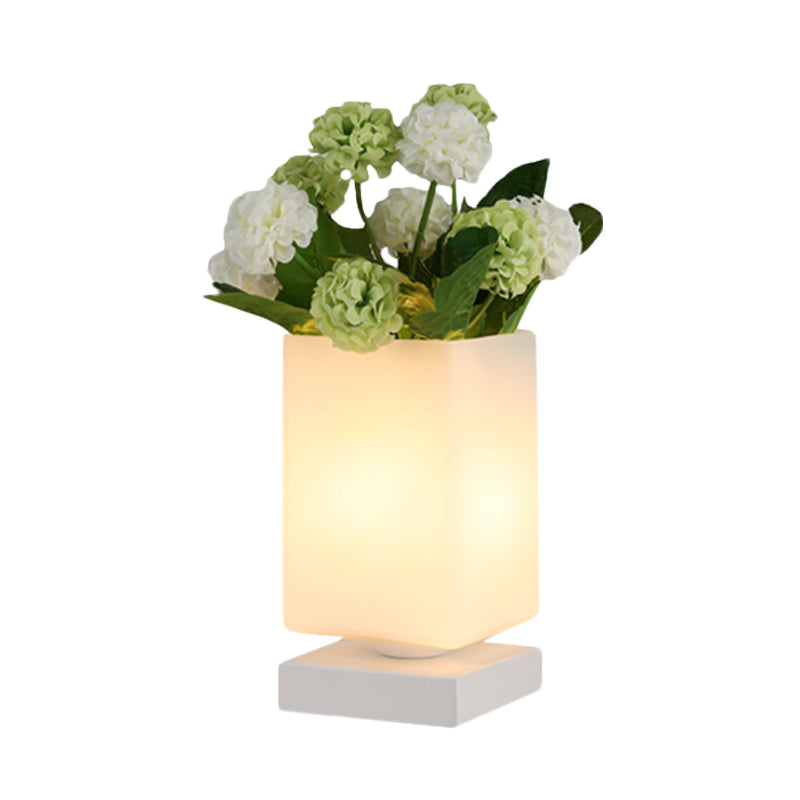 Art Deco Cone/Rectangle Night Lamp White Glass LED Nightstand Lighting with Flower Decoration for Bedroom Clearhalo 'Lamps' 'Table Lamps' Lighting' 1459764