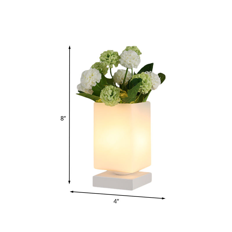 Art Deco Cone/Rectangle Night Lamp White Glass LED Nightstand Lighting with Flower Decoration for Bedroom Clearhalo 'Lamps' 'Table Lamps' Lighting' 1459766