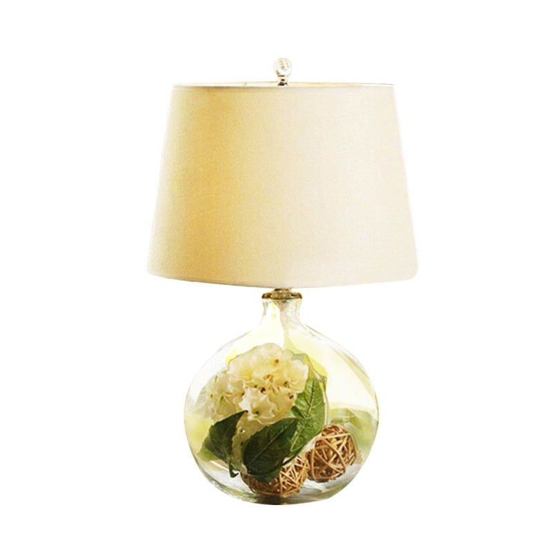 Fabric White Nightstand Light Tapered 1-Light Industrial Night Lamp with Flower and Rattan Ball Decor Clearhalo 'Lamps' 'Table Lamps' Lighting' 1459773