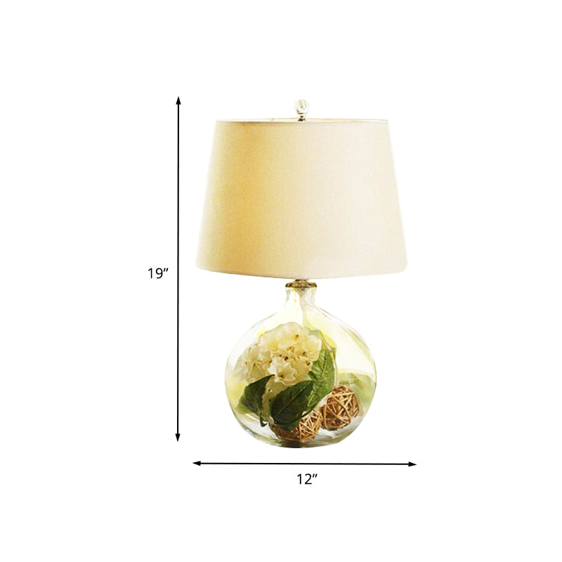 Fabric White Nightstand Light Tapered 1-Light Industrial Night Lamp with Flower and Rattan Ball Decor Clearhalo 'Lamps' 'Table Lamps' Lighting' 1459775