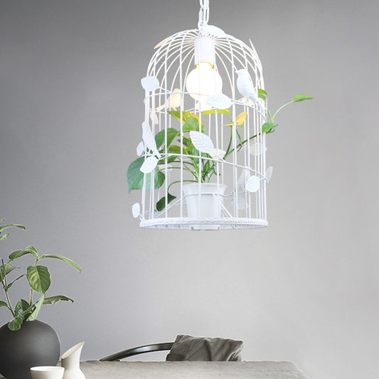 Vintage Bird Cage Ceiling Lamp 1 Bulb Iron Pendant Light in White with Potted Plant Design White Clearhalo 'Art Deco Pendants' 'Cast Iron' 'Ceiling Lights' 'Ceramic' 'Crystal' 'Industrial Pendants' 'Industrial' 'Metal' 'Middle Century Pendants' 'Pendant Lights' 'Pendants' 'Tiffany' Lighting' 1459776