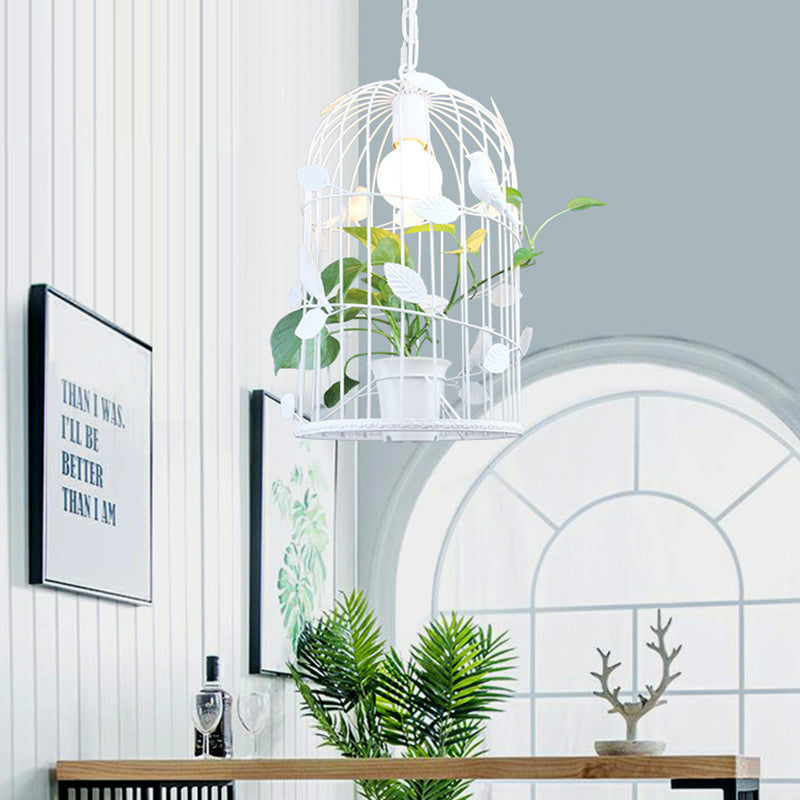 Vintage Bird Cage Ceiling Lamp 1 Bulb Iron Pendant Light in White with Potted Plant Design Clearhalo 'Art Deco Pendants' 'Cast Iron' 'Ceiling Lights' 'Ceramic' 'Crystal' 'Industrial Pendants' 'Industrial' 'Metal' 'Middle Century Pendants' 'Pendant Lights' 'Pendants' 'Tiffany' Lighting' 1459777