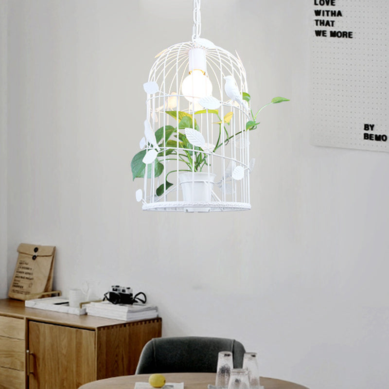 Vintage Bird Cage Ceiling Lamp 1 Bulb Iron Pendant Light in White with Potted Plant Design Clearhalo 'Art Deco Pendants' 'Cast Iron' 'Ceiling Lights' 'Ceramic' 'Crystal' 'Industrial Pendants' 'Industrial' 'Metal' 'Middle Century Pendants' 'Pendant Lights' 'Pendants' 'Tiffany' Lighting' 1459778