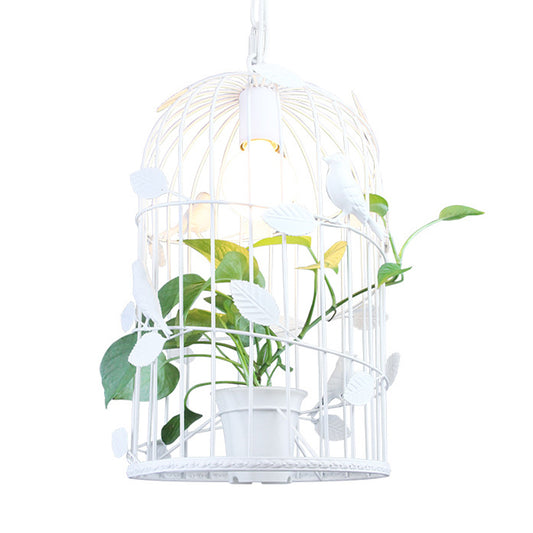 Vintage Bird Cage Ceiling Lamp 1 Bulb Iron Pendant Light in White with Potted Plant Design Clearhalo 'Art Deco Pendants' 'Cast Iron' 'Ceiling Lights' 'Ceramic' 'Crystal' 'Industrial Pendants' 'Industrial' 'Metal' 'Middle Century Pendants' 'Pendant Lights' 'Pendants' 'Tiffany' Lighting' 1459779
