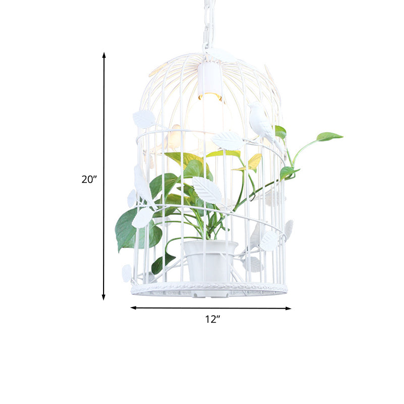 Vintage Bird Cage Ceiling Lamp 1 Bulb Iron Pendant Light in White with Potted Plant Design Clearhalo 'Art Deco Pendants' 'Cast Iron' 'Ceiling Lights' 'Ceramic' 'Crystal' 'Industrial Pendants' 'Industrial' 'Metal' 'Middle Century Pendants' 'Pendant Lights' 'Pendants' 'Tiffany' Lighting' 1459780