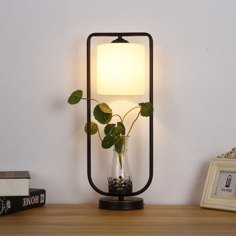 1-Light Cylinder Night Light Industrial Black White Glass Table Lamp with Cage and Vase Black Clearhalo 'Lamps' 'Table Lamps' Lighting' 1459781