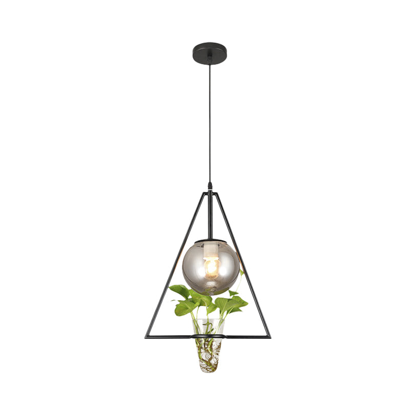 Smoke Gray Glass Orb Pendant Warehouse 1 Bulb Bedroom Hanging Light in Black/Grey/Gold with Triangle Frame and Plant Pot Clearhalo 'Art Deco Pendants' 'Black' 'Cast Iron' 'Ceiling Lights' 'Ceramic' 'Crystal' 'Industrial Pendants' 'Industrial' 'Metal' 'Middle Century Pendants' 'Pendant Lights' 'Pendants' 'Rustic Pendants' 'Tiffany' Lighting' 1459799