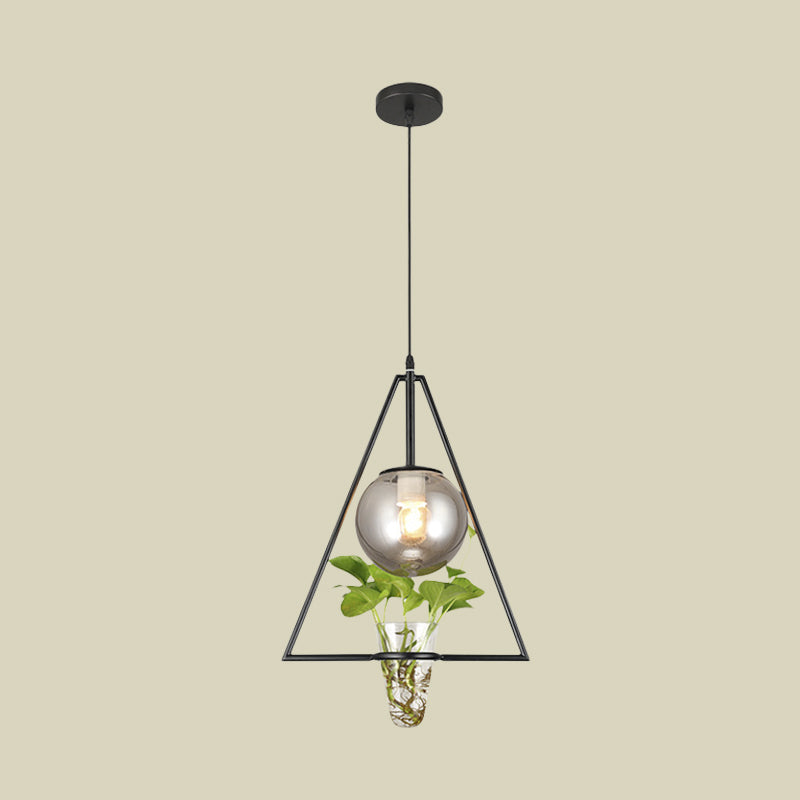 Smoke Gray Glass Orb Pendant Warehouse 1 Bulb Bedroom Hanging Light in Black/Grey/Gold with Triangle Frame and Plant Pot Clearhalo 'Art Deco Pendants' 'Black' 'Cast Iron' 'Ceiling Lights' 'Ceramic' 'Crystal' 'Industrial Pendants' 'Industrial' 'Metal' 'Middle Century Pendants' 'Pendant Lights' 'Pendants' 'Rustic Pendants' 'Tiffany' Lighting' 1459800