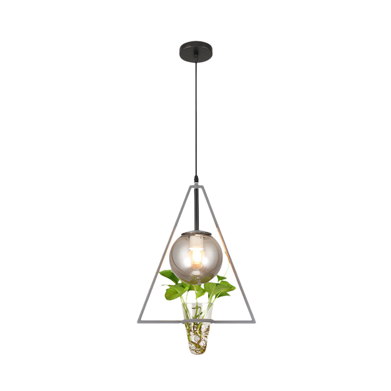 Smoke Gray Glass Orb Pendant Warehouse 1 Bulb Bedroom Hanging Light in Black/Grey/Gold with Triangle Frame and Plant Pot Clearhalo 'Art Deco Pendants' 'Black' 'Cast Iron' 'Ceiling Lights' 'Ceramic' 'Crystal' 'Industrial Pendants' 'Industrial' 'Metal' 'Middle Century Pendants' 'Pendant Lights' 'Pendants' 'Rustic Pendants' 'Tiffany' Lighting' 1459804