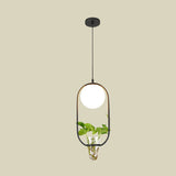Opal Glass Globe Pendant Light Loft 1 Head Living Room Hanging Lamp in Black/Grey/Gold with Oblong Cage and Plant Cup Clearhalo 'Art Deco Pendants' 'Black' 'Cast Iron' 'Ceiling Lights' 'Ceramic' 'Crystal' 'Industrial Pendants' 'Industrial' 'Metal' 'Middle Century Pendants' 'Pendant Lights' 'Pendants' 'Rustic Pendants' 'Tiffany' Lighting' 1459811
