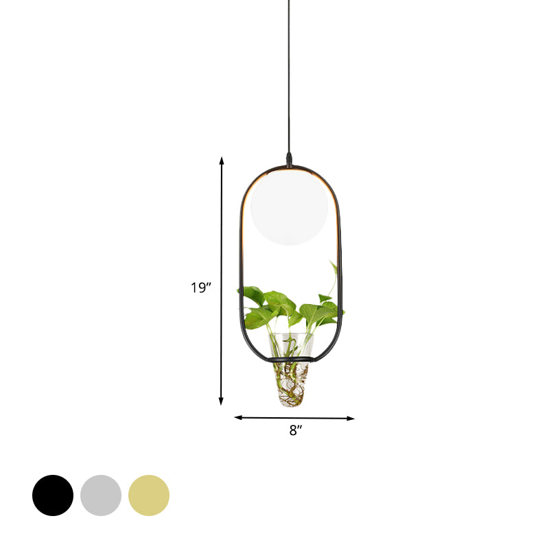 Opal Glass Globe Pendant Light Loft 1 Head Living Room Hanging Lamp in Black/Grey/Gold with Oblong Cage and Plant Cup Clearhalo 'Art Deco Pendants' 'Black' 'Cast Iron' 'Ceiling Lights' 'Ceramic' 'Crystal' 'Industrial Pendants' 'Industrial' 'Metal' 'Middle Century Pendants' 'Pendant Lights' 'Pendants' 'Rustic Pendants' 'Tiffany' Lighting' 1459812