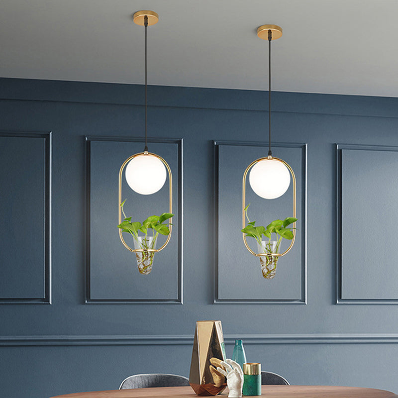Opal Glass Globe Pendant Light Loft 1 Head Living Room Hanging Lamp in Black/Grey/Gold with Oblong Cage and Plant Cup Clearhalo 'Art Deco Pendants' 'Black' 'Cast Iron' 'Ceiling Lights' 'Ceramic' 'Crystal' 'Industrial Pendants' 'Industrial' 'Metal' 'Middle Century Pendants' 'Pendant Lights' 'Pendants' 'Rustic Pendants' 'Tiffany' Lighting' 1459817