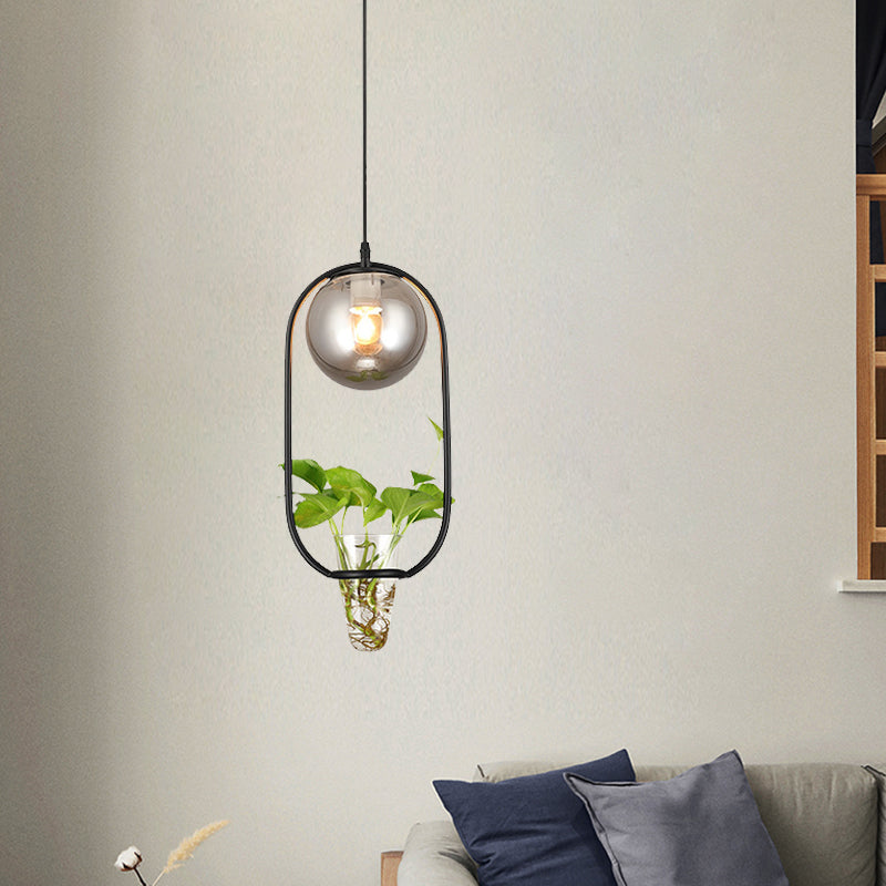Industrial Global Hanging Ceiling Light 1 Bulb Smoke Gray Glass Pendant Lamp in Black/Grey/Gold with Oval Cage and Plant Cup Clearhalo 'Art Deco Pendants' 'Black' 'Cast Iron' 'Ceiling Lights' 'Ceramic' 'Crystal' 'Industrial Pendants' 'Industrial' 'Metal' 'Middle Century Pendants' 'Pendant Lights' 'Pendants' 'Rustic Pendants' 'Tiffany' Lighting' 1459820