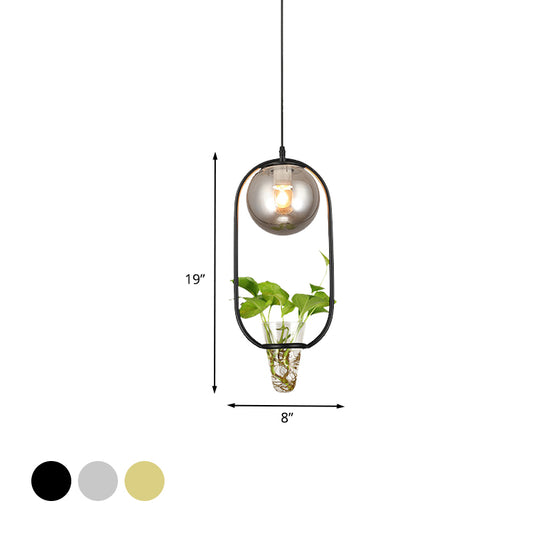 Industrial Global Hanging Ceiling Light 1 Bulb Smoke Gray Glass Pendant Lamp in Black/Grey/Gold with Oval Cage and Plant Cup Clearhalo 'Art Deco Pendants' 'Black' 'Cast Iron' 'Ceiling Lights' 'Ceramic' 'Crystal' 'Industrial Pendants' 'Industrial' 'Metal' 'Middle Century Pendants' 'Pendant Lights' 'Pendants' 'Rustic Pendants' 'Tiffany' Lighting' 1459823