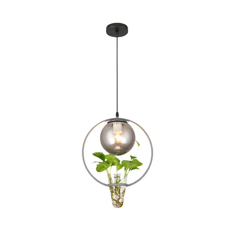 Ball Smoke Gray Glass Ceiling Light Warehouse 1 Light Restaurant Pendant in Black/Grey/Gold with Iron Ring and Plant Cup Clearhalo 'Art Deco Pendants' 'Black' 'Cast Iron' 'Ceiling Lights' 'Ceramic' 'Crystal' 'Industrial Pendants' 'Industrial' 'Metal' 'Middle Century Pendants' 'Pendant Lights' 'Pendants' 'Rustic Pendants' 'Tiffany' Lighting' 1459849