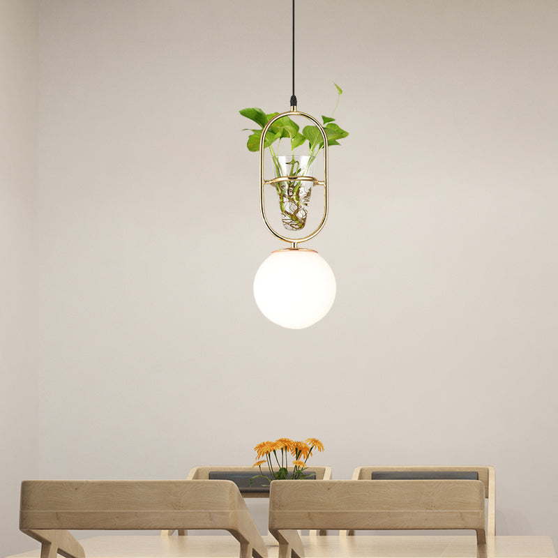 Elliptical Iron Pendant Lamp Loft 1 Light Bedroom Hanging Light in Black/Grey/Gold with Sphere Cream Glass Shade and Plant Cup Gold Clearhalo 'Art Deco Pendants' 'Black' 'Cast Iron' 'Ceiling Lights' 'Ceramic' 'Crystal' 'Industrial Pendants' 'Industrial' 'Metal' 'Middle Century Pendants' 'Pendant Lights' 'Pendants' 'Rustic Pendants' 'Tiffany' Lighting' 1459861