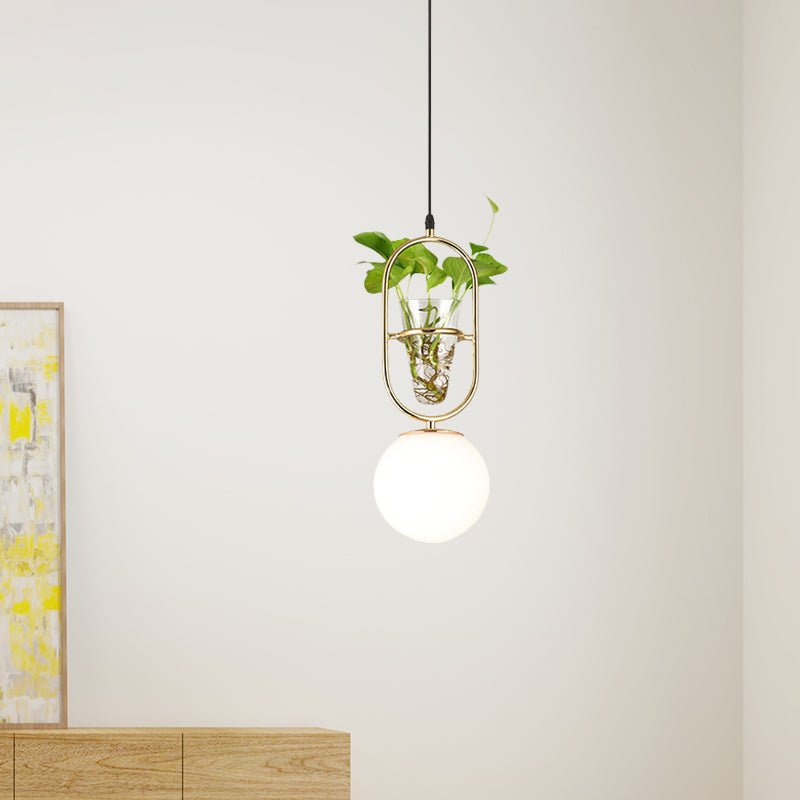 Elliptical Iron Pendant Lamp Loft 1 Light Bedroom Hanging Light in Black/Grey/Gold with Sphere Cream Glass Shade and Plant Cup Clearhalo 'Art Deco Pendants' 'Black' 'Cast Iron' 'Ceiling Lights' 'Ceramic' 'Crystal' 'Industrial Pendants' 'Industrial' 'Metal' 'Middle Century Pendants' 'Pendant Lights' 'Pendants' 'Rustic Pendants' 'Tiffany' Lighting' 1459862