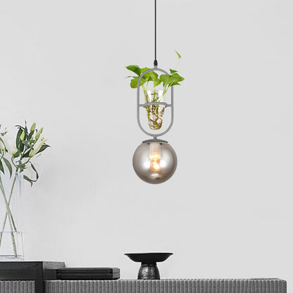 1-Head Hanging Light Loft Spherical Opal/Smoke Gray Glass Ceiling Lamp in Black/Grey/Gold with Oblong Frame and Plant Cup Grey Clearhalo 'Art Deco Pendants' 'Black' 'Cast Iron' 'Ceiling Lights' 'Ceramic' 'Crystal' 'Industrial Pendants' 'Industrial' 'Metal' 'Middle Century Pendants' 'Pendant Lights' 'Pendants' 'Rustic Pendants' 'Tiffany' Lighting' 1459869