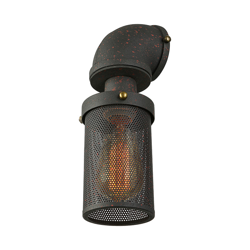 1 Bulb Metal Wall Lighting Industrial Black Mesh Cylinder Shade Bedroom Sconce Lighting Fixture with Pipe Clearhalo 'Art deco wall lights' 'Cast Iron' 'Glass' 'Industrial wall lights' 'Industrial' 'Middle century wall lights' 'Modern' 'Rustic wall lights' 'Tiffany' 'Traditional wall lights' 'Wall Lamps & Sconces' 'Wall Lights' Lighting' 145987