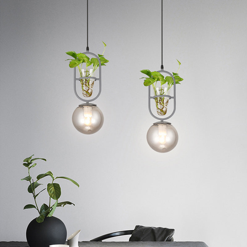 1-Head Hanging Light Loft Spherical Opal/Smoke Gray Glass Ceiling Lamp in Black/Grey/Gold with Oblong Frame and Plant Cup Clearhalo 'Art Deco Pendants' 'Black' 'Cast Iron' 'Ceiling Lights' 'Ceramic' 'Crystal' 'Industrial Pendants' 'Industrial' 'Metal' 'Middle Century Pendants' 'Pendant Lights' 'Pendants' 'Rustic Pendants' 'Tiffany' Lighting' 1459870