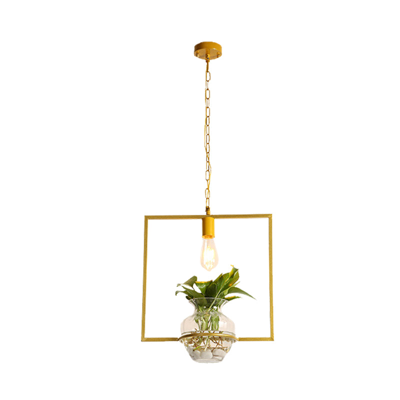Vintage Square/Round/Gourd Pendant 1 Bulb Iron Down Lighting in Gold with Potted Plant for Living Room Clearhalo 'Art Deco Pendants' 'Cast Iron' 'Ceiling Lights' 'Ceramic' 'Crystal' 'Industrial Pendants' 'Industrial' 'Metal' 'Middle Century Pendants' 'Pendant Lights' 'Pendants' 'Tiffany' Lighting' 1459920