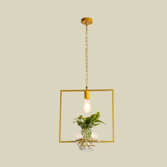 Vintage Square/Round/Gourd Pendant 1 Bulb Iron Down Lighting in Gold with Potted Plant for Living Room Clearhalo 'Art Deco Pendants' 'Cast Iron' 'Ceiling Lights' 'Ceramic' 'Crystal' 'Industrial Pendants' 'Industrial' 'Metal' 'Middle Century Pendants' 'Pendant Lights' 'Pendants' 'Tiffany' Lighting' 1459921