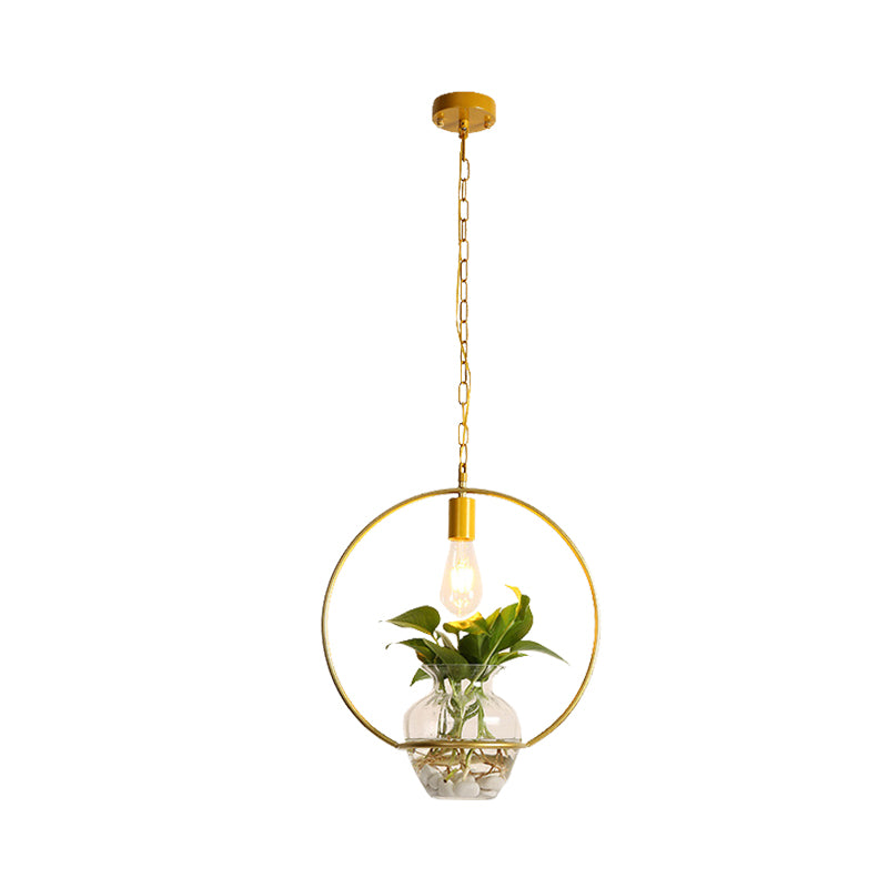 Vintage Square/Round/Gourd Pendant 1 Bulb Iron Down Lighting in Gold with Potted Plant for Living Room Clearhalo 'Art Deco Pendants' 'Cast Iron' 'Ceiling Lights' 'Ceramic' 'Crystal' 'Industrial Pendants' 'Industrial' 'Metal' 'Middle Century Pendants' 'Pendant Lights' 'Pendants' 'Tiffany' Lighting' 1459925