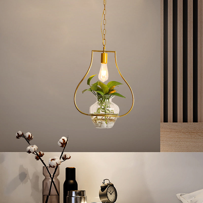 Vintage Square/Round/Gourd Pendant 1 Bulb Iron Down Lighting in Gold with Potted Plant for Living Room Clearhalo 'Art Deco Pendants' 'Cast Iron' 'Ceiling Lights' 'Ceramic' 'Crystal' 'Industrial Pendants' 'Industrial' 'Metal' 'Middle Century Pendants' 'Pendant Lights' 'Pendants' 'Tiffany' Lighting' 1459928