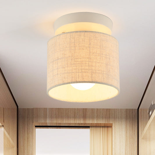 Mini Barrel Semi Mount Lighting Simplicity Fabric 1 Bulb Flaxen/White Ceiling Flush Light for Foyer Flaxen Clearhalo 'Ceiling Lights' 'Close To Ceiling Lights' 'Close to ceiling' 'Semi-flushmount' Lighting' 1459949