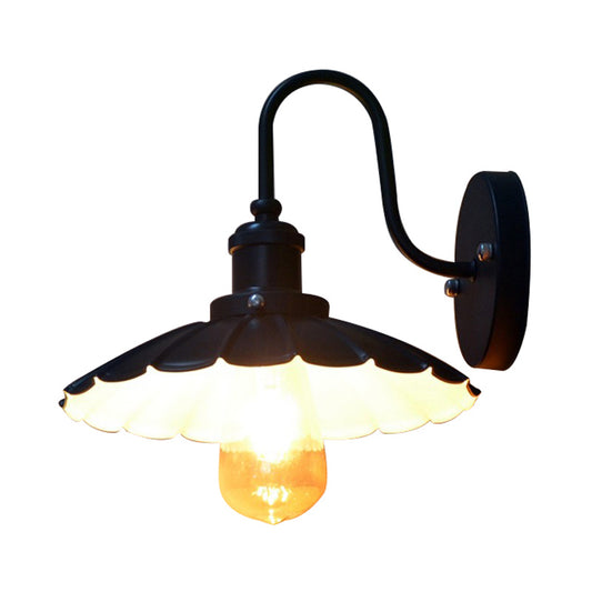 Gooseneck Metal Wall Sconce Light Industrial 9.5"/13" W 1 Light Corridor Wall Lamp with Scalloped Shade in Black Clearhalo 'Art deco wall lights' 'Cast Iron' 'Glass' 'Industrial wall lights' 'Industrial' 'Middle century wall lights' 'Modern' 'Rustic wall lights' 'Tiffany' 'Traditional wall lights' 'Wall Lamps & Sconces' 'Wall Lights' Lighting' 145994