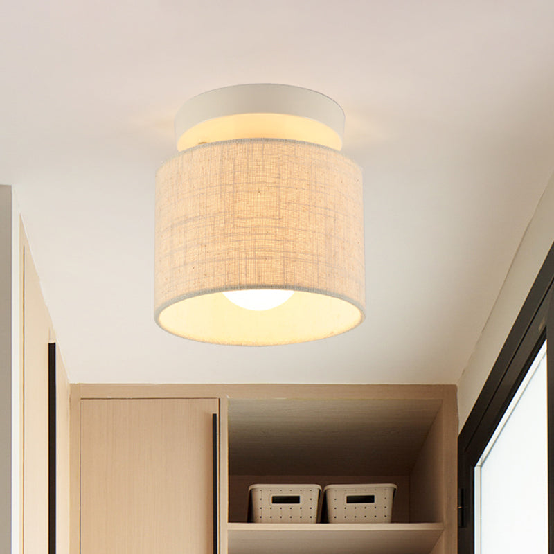 Mini Barrel Semi Mount Lighting Simplicity Fabric 1 Bulb Flaxen/White Ceiling Flush Light for Foyer Clearhalo 'Ceiling Lights' 'Close To Ceiling Lights' 'Close to ceiling' 'Semi-flushmount' Lighting' 1459950