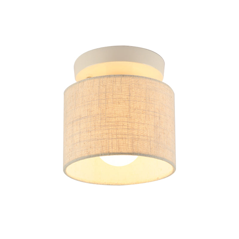 Mini Barrel Semi Mount Lighting Simplicity Fabric 1 Bulb Flaxen/White Ceiling Flush Light for Foyer Clearhalo 'Ceiling Lights' 'Close To Ceiling Lights' 'Close to ceiling' 'Semi-flushmount' Lighting' 1459952