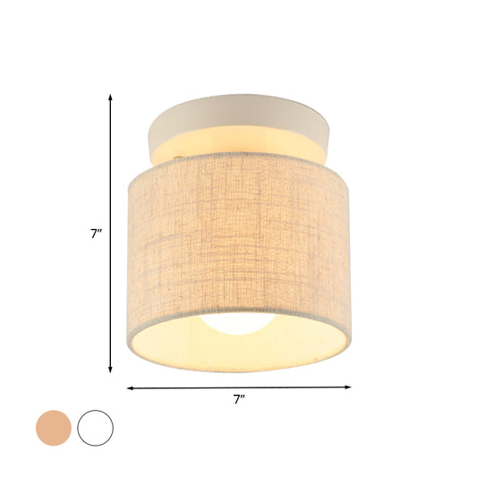 Mini Barrel Semi Mount Lighting Simplicity Fabric 1 Bulb Flaxen/White Ceiling Flush Light for Foyer Clearhalo 'Ceiling Lights' 'Close To Ceiling Lights' 'Close to ceiling' 'Semi-flushmount' Lighting' 1459953