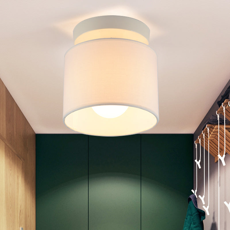 Mini Barrel Semi Mount Lighting Simplicity Fabric 1 Bulb Flaxen/White Ceiling Flush Light for Foyer White Clearhalo 'Ceiling Lights' 'Close To Ceiling Lights' 'Close to ceiling' 'Semi-flushmount' Lighting' 1459954