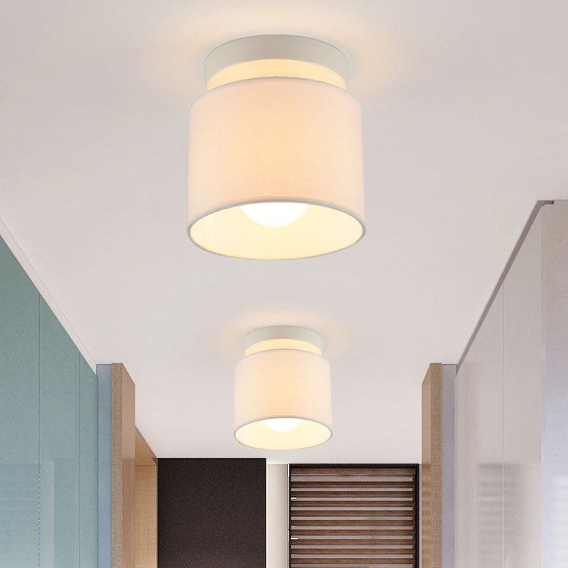 Mini Barrel Semi Mount Lighting Simplicity Fabric 1 Bulb Flaxen/White Ceiling Flush Light for Foyer Clearhalo 'Ceiling Lights' 'Close To Ceiling Lights' 'Close to ceiling' 'Semi-flushmount' Lighting' 1459955